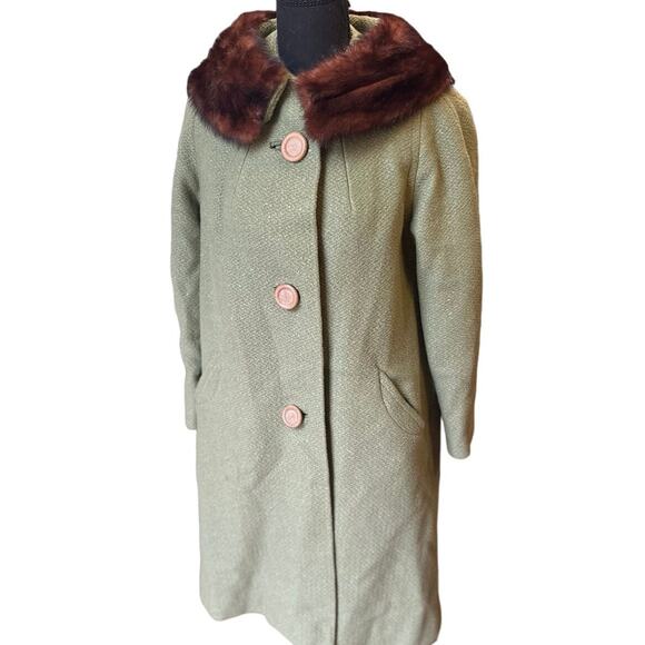 Rare Vintage 1950s - 60s  Bettyjean Green Swing Coat Real Fur Collar SZ. 8 MCM - Picture 16 of 16